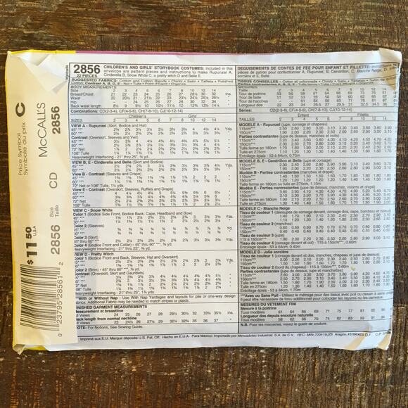 McCalls Sewing Pattern 2856 Toddler Costume Fairy Tale Storybook Princess UNCUT - Picture 2 of 2